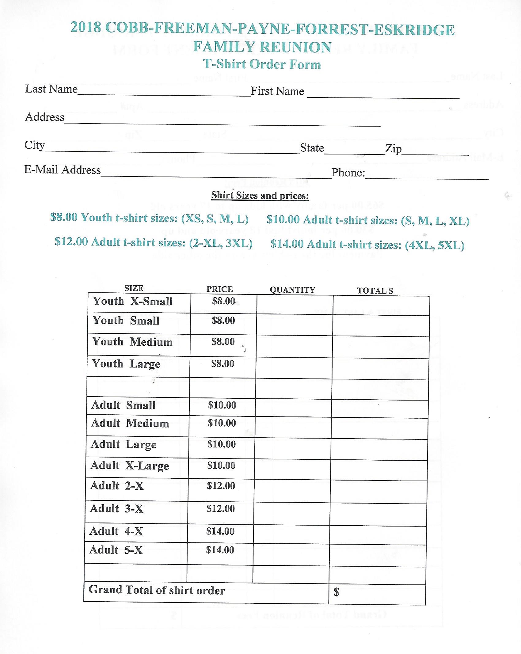 T-Shirt Order Form