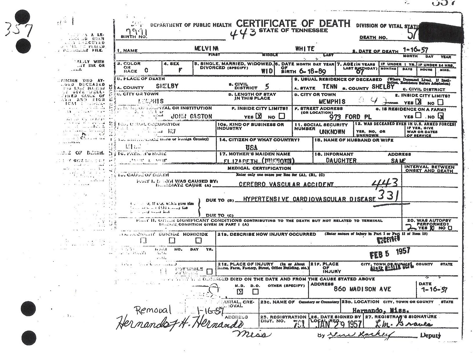 Melvina Payne-White's Death Certificate 1889-1957)