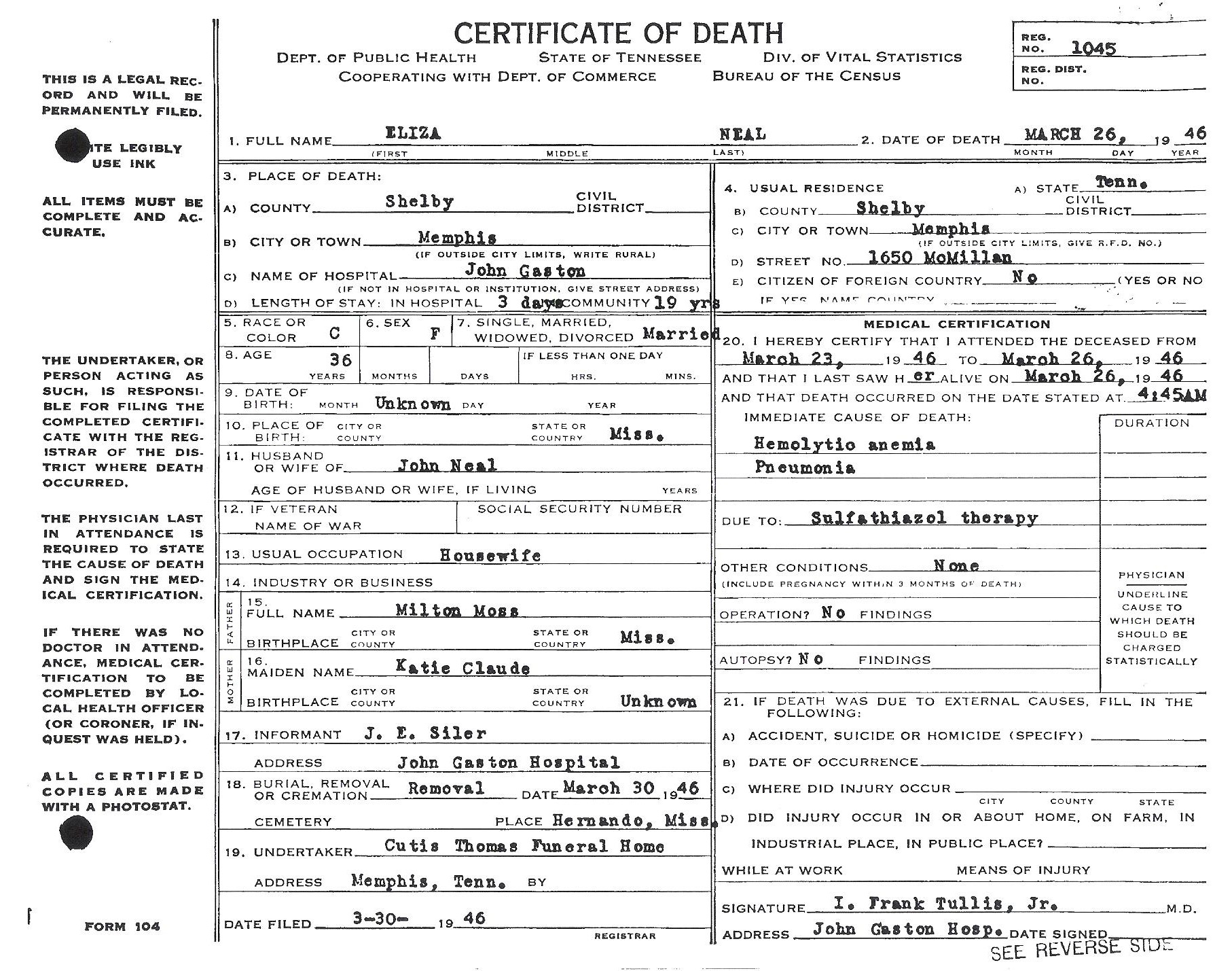 Eliza Moss-Neal's Death Certificate (1910-1946)