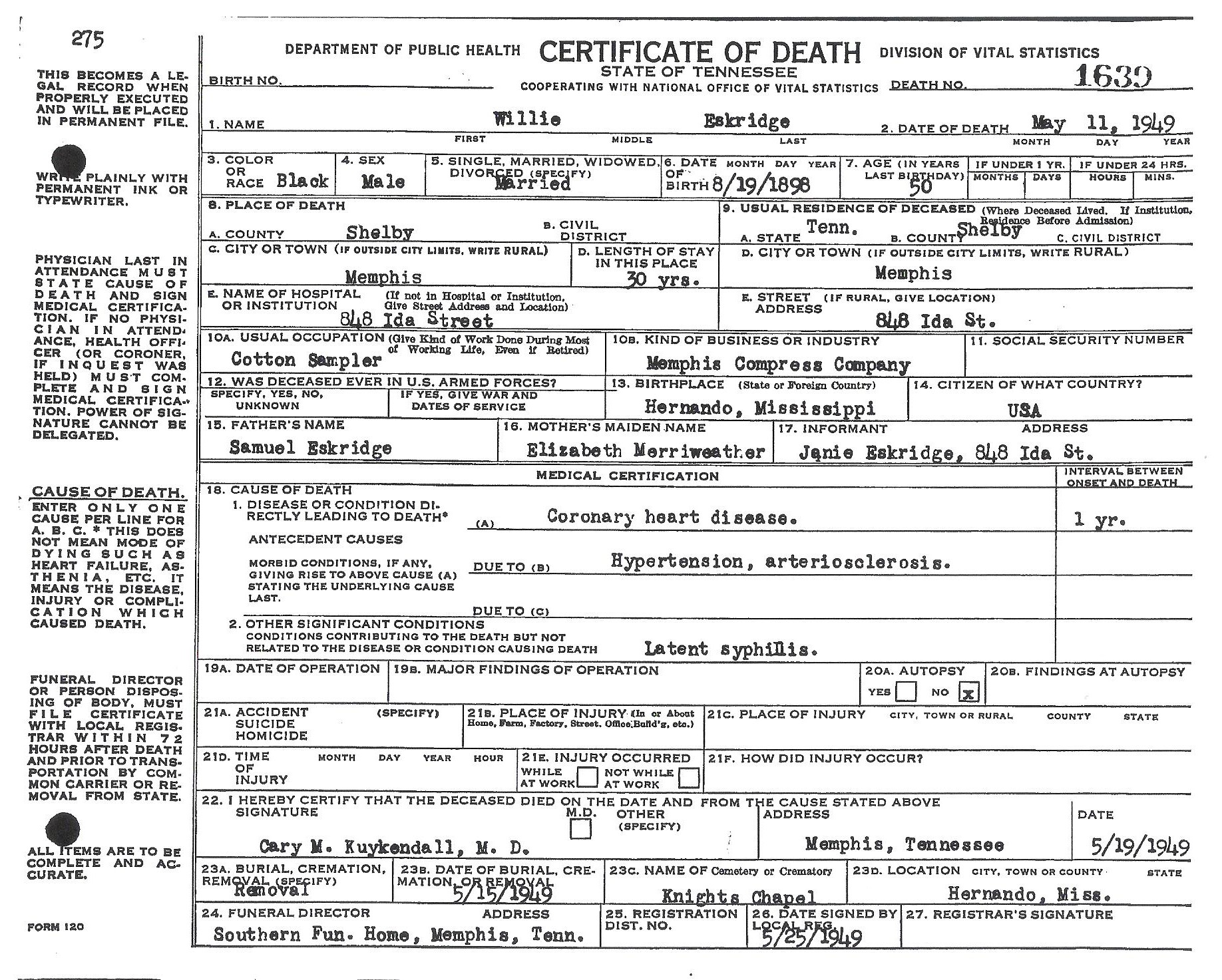 William H. Eskridge's Death Certificate (1898-1949)